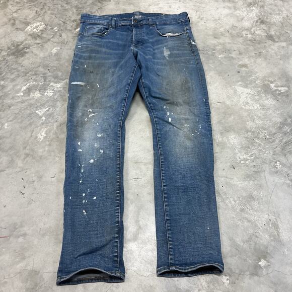 G Star Raw 3301 Straight Tapered Jeans Mens 34x32 Blue Button Fly Paint Distress - Picture 1 of 11